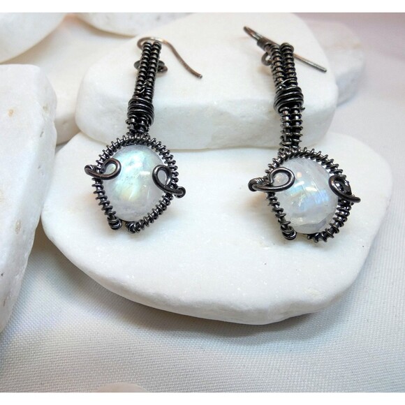 Rainbow Moonstone Sterling Silver-Artisan-Handmade-OOAK Earrings  Steam Punk - Picture 1 of 5